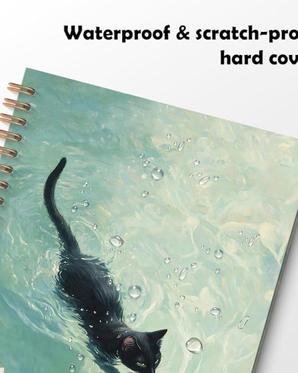 ROXMART Whimsical Funny Black Cat Spiral Notebook Journal, Cat Lover Mom Lady Owner Gifts, Cute Black Kitty Kitten in Water Lily Pond Hardcover Notebook Journal, 5.5x8.3 Inch