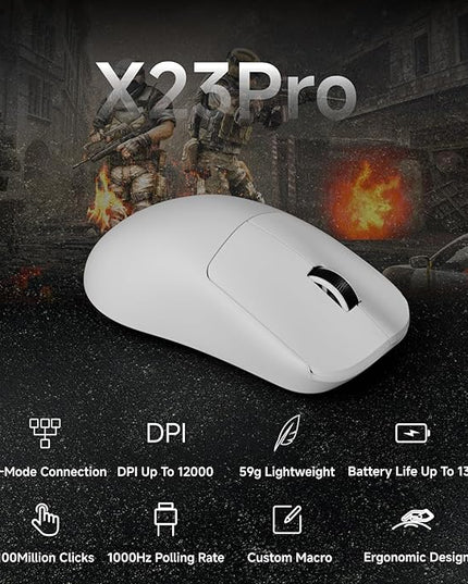 EWEADN X23Pro Wireless Gaming Mouse, PAW3311 Sensor, 49g Lightweight Mouse, 12000 DPI, 2.4G/BT5.0/USB-C Rechargeable Wireless Mouses with 6 Programmable Buttons for Laptop/PC/Mac, White
