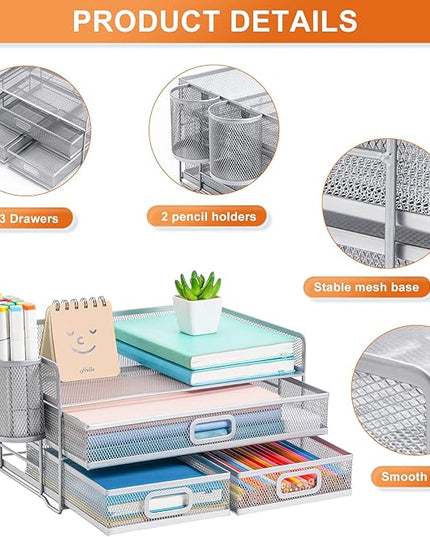 Marbrasse 3 Tier Mesh Desk Organizer with Drawer, Multi-Functional Desk Organizers and Accessories, Paper Letter Organizer with 2 Pen Holder for Home Office Supplies (Silver)