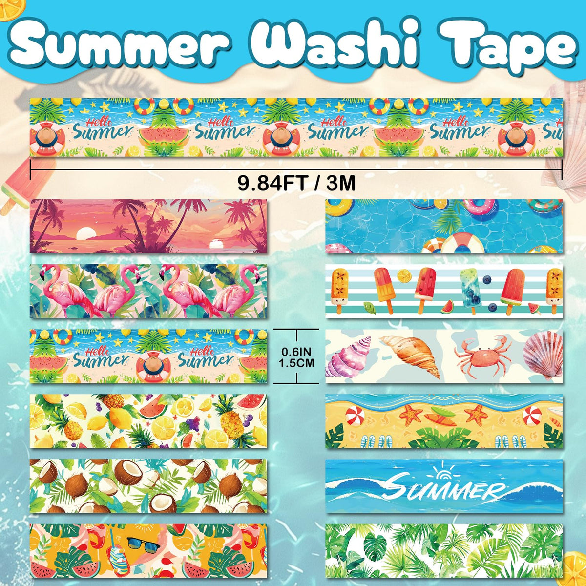 NIKOMIE Summer Washi Tape Set,12 Rolls Hawaii Beach Holiday Decorative Tape Flamingo Tropical Leaves Coconut Watermelon Pineapple Masking Tape for Journaling Supplies, Gift Wrapping, DIY Art&Crafts