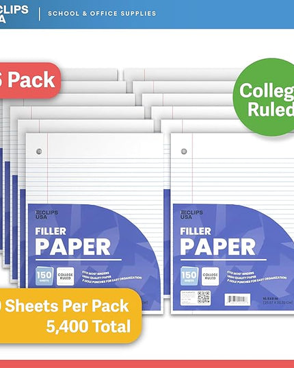 Loose Leaf Paper College Ruled Notebook Paper College Ruled Lined Writing Filler Paper 10.5” x 8” 5400 Sheets 150 Sheets Per Pack 60 gsm (36 Pack)