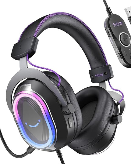 FIFINE Wired USB Gaming Headset: 7.1 Surround Sound - Vibrant Customizable RGB - Game/Chat Balance, Gamer Headphone with Noise Canceling Mic for PC, PS5/PS4, Laptop, Mac - AmpliGame H13BP