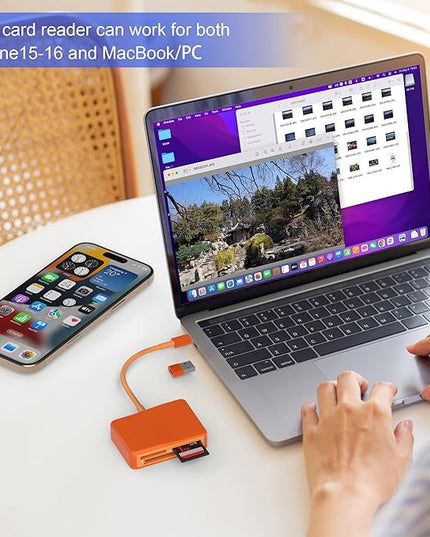 SD Card Reader, 4 in 1 USB C to SD/TF/CF/MS Card Reader with USB to USB C Adapter Memroy Card Reader for iPhone 17/16/15 Pro Max iPad Pro MacBook Pro/Air iMac M4/M3 Android Phone/Tablet PC (Orange)