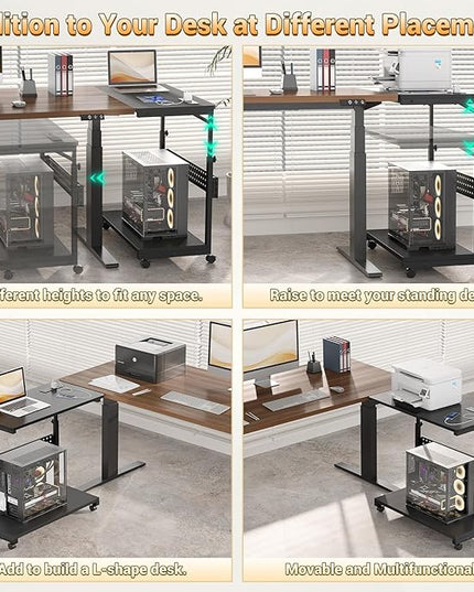 32" Large Computer Tower Stand with Power Strips, 4 Levels Manual Height Adjustable PC Tower Stand for Under Desk, Mobile Rolling CPU Holder Computer Cart with Wheels, Carbon Fiber Black