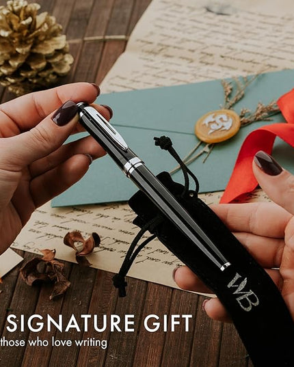 Wordsworth & Black Fountain Pen Set, Medium Nib, Includes 24 Pack Ink Cartridges, Ink Refill Converter & Gift Pouch, Chrome Finish, Calligraphy, [Black Chrome], Perfect for Men & Women