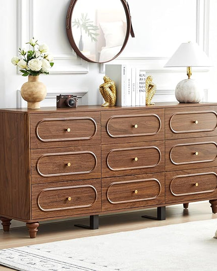 9 Drawer Fluted Dresser for Bedroom, Mid Century Modern Chest of Drawers, Wood Storage Small Dresser Organizer for Bedroom Living Room Hallway Closet, Walnut