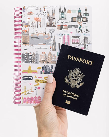 Steel Mill & Co Cute Mini Spiral Notebook, 8.25" x 6.25" Journal with Durable Hardcover and 160 Lined Pages, Travel Icons