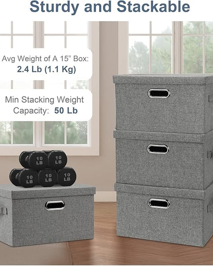 Medium 15" 21 Quart Collapsible Stackable Storage Bins with Lids, 3 Packs Grey Foldable Fabric Closet Boxes Heavy-duty Linen Cube Baskets Container for Bedroom Office (15 x 11 x 8)