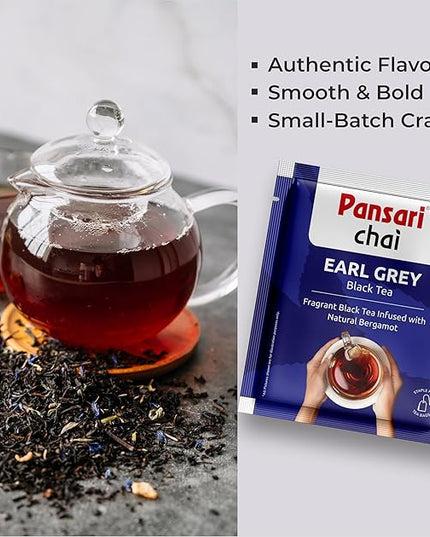 Pansari Earl Grey Black Tea, Individually Wrapped Bags – Smooth, Flavourful & Robust, Pure Caffeinated Black Tea, Enjoy Hot or Iced, Premium Tea Blend with Darjeeling, Aromatic & Bold – (100 Tea Bags)
