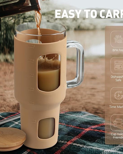 Glass Tumbler with Straw and Lid, 40 oz glass cup with handle, Glass Water Bottles with Time Marker, Silicone Protective Sleeve-Amber