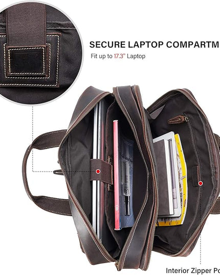 compalo Men's Solid Thick Full Grain Leather 17.3" Laptop Briefcase Classic Messenger Bag Fit Business Travel | Solid, Thick, Full Grain Leather, 17.3", Classic, Fit, Business Travel