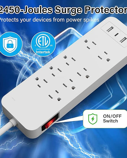 Elecan Surge Protector Power Strip 8 Ft Extension Cord, 8 Widely Spaced Outlets with 2 USB-A&1 USB-C PD 20W Charging Station, Flat Plug Wall Mountable Multi Outlet Extender, 14AWG 2450J/125V,ETL-White