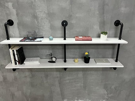 Industrial Pipe Shelving Rustic White Pipe Wall Shelves Industrial Shelves with Wood Planks Floating Shelves 60 Inch Farmhouse Bathroom,Kitchen Shelving Wall Mounted