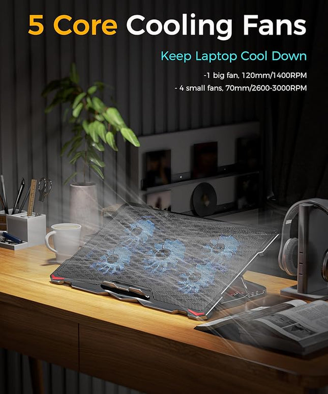 AICHESON Laptop Cooling Pad 5 Fans Up to 17.3 Inch Heavy Notebook Cooler, Blue LED Lights, 2 USB Ports, S035, Blue-5fans