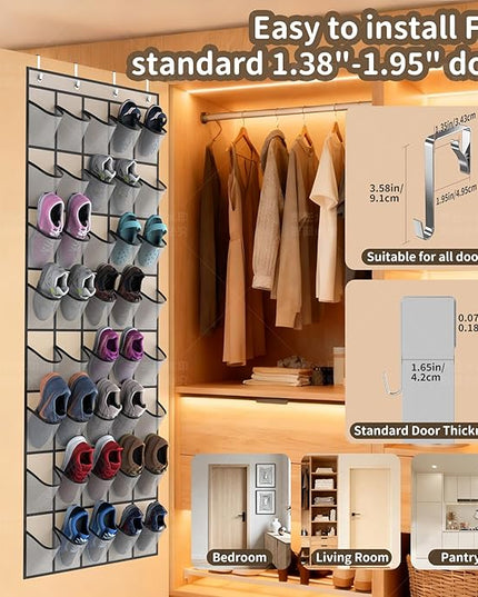 Over the Door Shoe Organizer with 40 Large Pockets, Multi-Purpose Storage for Shoe and Accessories, Durable Fabric with Adjustable Hooks for Home Closet Bedroom Entryway-Grey