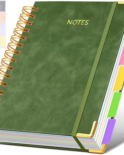Hardcover Spiral Notebook journal with Removable Dividers Tabs, 300 Pages Leather 5 Subject Notebook College Ruled, 100GMS A5 Notebooks for Work School Note taking,Lined Journal for Women,A5-Green