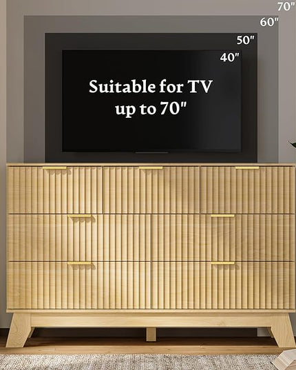HUANLEGO Fluted Dresser for Bedroom with 7 Drawer, Mid Century Modern Chest of Drawers, 48" Wide Natural Wood Dresser for Closet, Wooden Boho Chest Closet Storage TV Stand for Bedroom, Nature