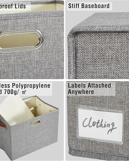 17" Large Collapsible Storage Bins with Lids, Stackable Closet Organizers with PU Handle and Labels, 3-Pack Decorative Fabric Storage Boxes for Home, Bedroom, Closet, Office, Nursery(Gray)