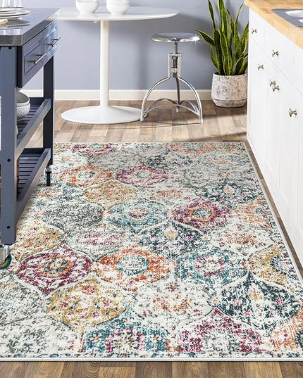 Lahome Moroccan Trellis Washable Small Area Rug, 3x5 Black Rug for Bedroom Living Room, Non-Slip Oriental Accent Throw Carpet for Kitchen Office Entryway Bathroom Office, Aqua/Multi