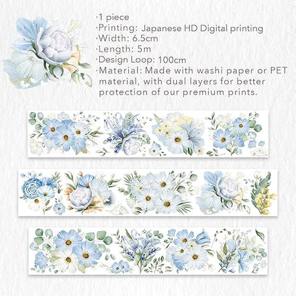 WT Serene Wide PET Tape, Single Roll, Original Designs, Watercolor Blue Flower Decorative Tape, Transparent Clear Adhesive Tape, Journal Scrapbook Bujo Planner DIY Craft Supplies