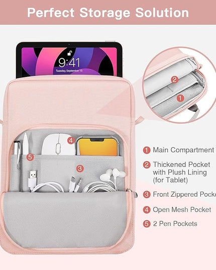 MoKo 9-11 Inch Tablet Sleeve Bag Handle Carrying Case with Shoulder Strap Fits New 11-inch iPad Pro M4/iPad Air M2, iPad 10th 10.9, iPad 9/8/7th 10.2, iPad Air 5/4th 10.9, Tab S8/S9 11, Pink
