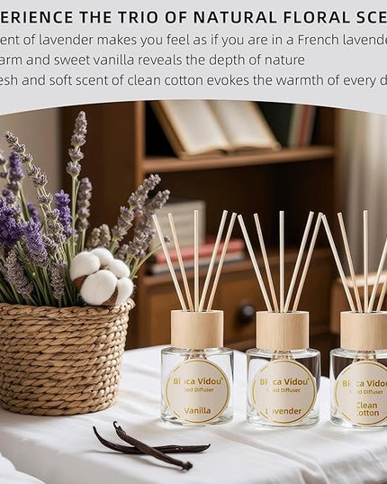Reed Diffuser Set of 3, Binca Vidou Lavender Vanilla Clean Cotton Natural Scent Oil Diffusers with Sticks for Home Office Bathroom Aromatherapy Decor 1.69oz x 3