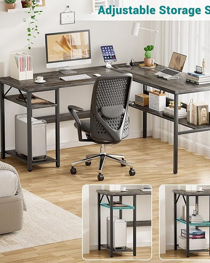 Reversible L Shaped Gaming Desk with Power Outlets and USB Charging Ports, Sturdy Computer Desk with Storage Shelf, Modern Corner Desk Home Office Table, Easy to Assemble, Gray Oak