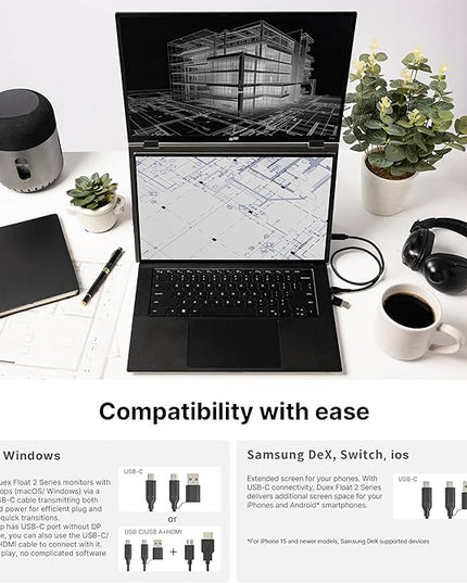 New Mobile Pixels Duex Float 2.0 Pro 2.5 K Portable Monitor, 16" Laptop Screen Extender (Built-in Kickstand), USB C/HDMI Stacked Monitor Extender with Dual Speakers, Windows, MacOS, Switch, Android
