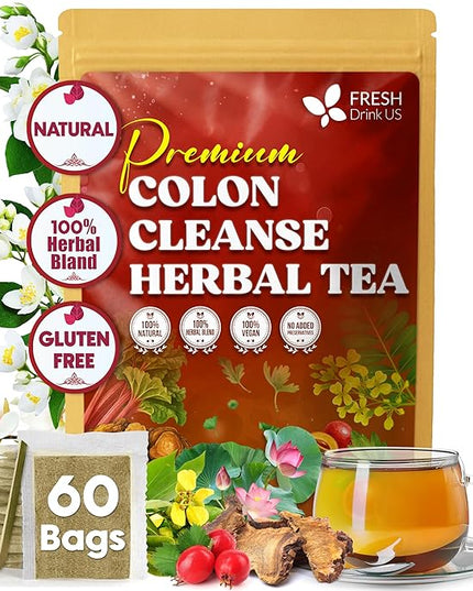 FreshDrinkUS, Premium Colon Cleanse Tea – 60 Tea Bags – Rhubarb Root & Hawthorn Berry with Senna, Lotus Leaf, Valerian Root & Psyllium Husk – Herbal Blend, Caffeine-Free. Vegan