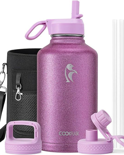 Coolflask Half Gallon Water Bottle Insulated with Straw & 3 Lids, 64 oz Water Jug Large Metal Stainless Steel Wide Mouth for Sports, Gym or Office, Non-BPA Keep Cold 48H Hot 24H, Glitter Pink