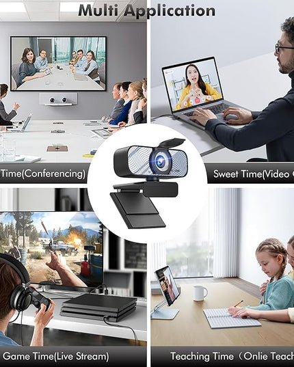 USB HD Webcam with Built-in Microphone and Rotatable Tripod, 1080P Video, Wide Angle Camera, Privacy Cover, for Desktop PC or Laptop Computer（White）