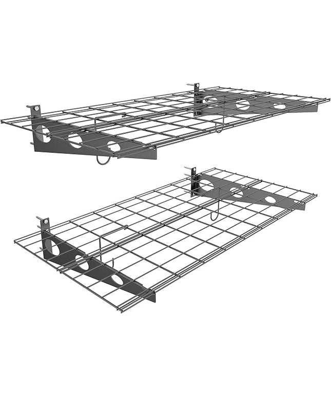 EVERHANGER Wall Mounted Garage Wall Shelves, 2 x 4 ft Metal Storage Shelves, Heavy Duty Wall Shelving with Hooks, Holds Up to 220 Lbs, Black
