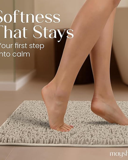 MAYSHINE Plush Shaggy Chenille Bath Mat | Extra Soft, Super Absorbent, Non-Slip Bathroom Rug | Fluffy Microfiber, Area Rug Sets for Bathroom Floor, Kitchen, Living Room | 23"x14" | Beige