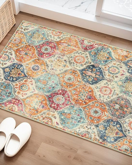 Lahome Moroccan Trellis Washable Rug, 2x3 Kitchen Rugs for Entryway Bathroom, Non-Slip Indoor Door Mat Ultra-Thin, Small Oriental Throw Carpet for Bedroom Entry, Cream/Multi