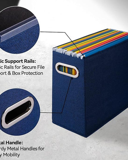 4 Pack Letter Size File Storage Box Collapsible, Fabric Hanging File Folders Organizer, Portable Office Document Holder with Metal Handle, Smooth PVC Rails, Blue