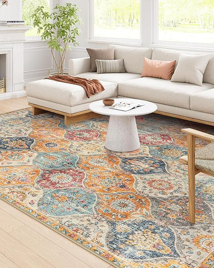 Lahome Moroccan Washable Area Rugs 8x10, 8x10 Rugs for Living Room Bedroom, Ultra-Thin Oriental Non-Slip Foldable Non Shedding Accent Large Carpet for Office Dining Room, Cream/Multi