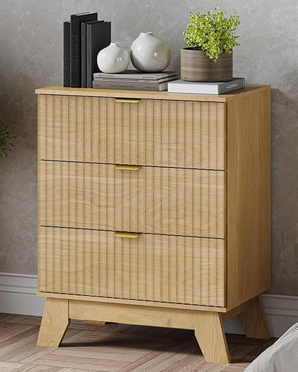 BORNOON Fluted 3 Drawer Dresser, 30.3" Tall Compact Modern Boho Chest of Drawers, Wooden Storage Cabinet for Bedroom, Living Room, Entryway, Curved Profile Design