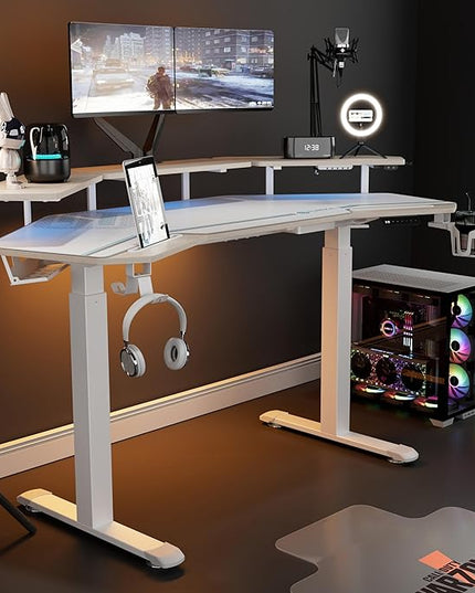 EUREKA ERGONOMIC Standing Desk,63" Electric Adjustable Height Computer Desk,Wing Shaped Music Studio Desk, LED Monitor Stands, Dual Motor&Slot, Maple