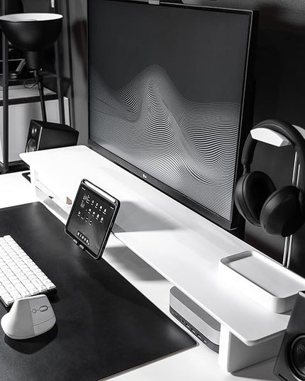 Raico Desk Cockpit Shelf Monitor Stand System Dual Screen Setup Wood Large Desk Accessory Organizer Unit (Matte White, Full Length v2 | 45.7 Inches)