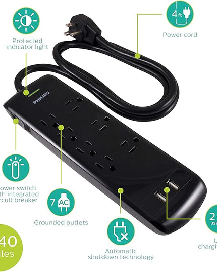 Philips 7 Outlet Power Strip Surge Protector, 2 USB Charging Ports, 4ft Power Cord, Flat Plug, Wall Mount, 1440 Joules, ETL Listed, Circuit Breaker, Automatic Shutdown, Black, SPP6270BC/37