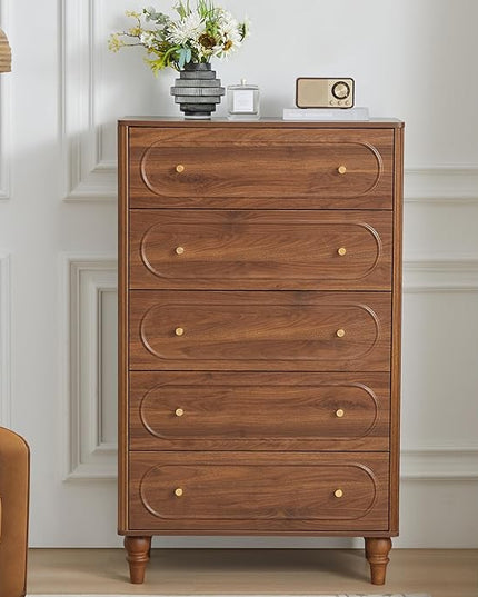 Fluted 5 Drawer Dresser for Bedroom Set of 2, Modern Mid Century Chest of Drawers, Wood Storage Large Dresser Organizer for Bedroom Living Room Closet Hallway, Walnut