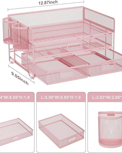 Marbrasse 3 Tier Mesh Desk Organizer with Drawer, Multi-Functional Desk Organizers and Accessories, Paper Letter Organizer with 2 Pen Holder for Home Office Supplies (Pink)