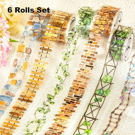 MiyouLuna 6 Rolls Garden Path PET Scrapbook Tapes, Landscaping Tape with Fence, Vines, Brick & Ladder Designs for Journaling & Scrapbook Supplies, Includes Decorative Clip
