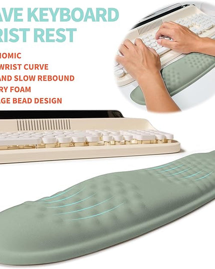 2-in-1 Ergonomic Set, Wave Rise Keyboard Wrist Rest and Massage Bulge Slope Mouse Pad Wrist Support, Cushion Memory Foam Integrated to Relieve Wrist Pain, Light Green
