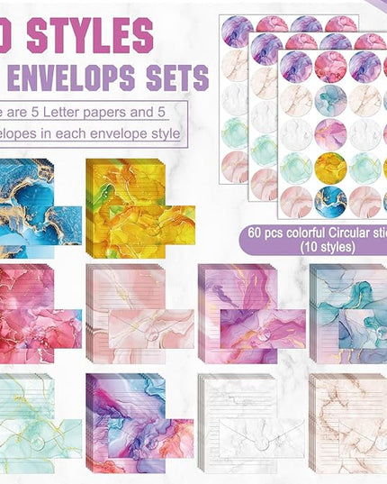 TaoBary 160 Pcs Stationery Paper Set 50 Double Sided Stationery Papers with 50 Matching Envelopes and 60 Round Dot Sticker, 10 Design(Marble,8.5 x 11 Inch)
