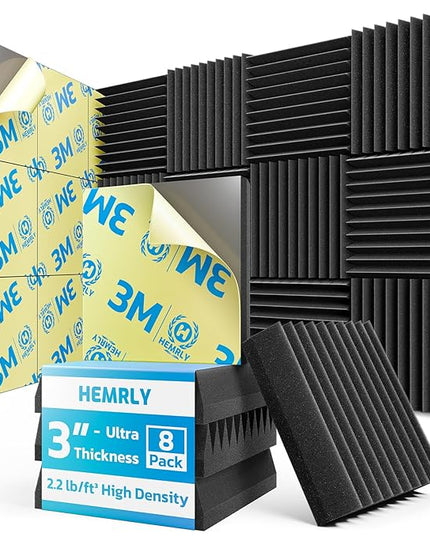 3" X 12" X 12" Sound Proof Foam Panels for Walls,Self-Adhesive Foam Acoustic Panels Sound Absorbing,2.2 lb/ft³ Density Soundproof Wall Panels for Gaming Studio Decor (8 Pack Black)