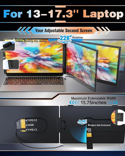Miesebe Laptop Screen Extender 14", Ultra Thin 0.27'' FHD 1080P Portable Monitor for Laptop 13-17.3", Plug n Play Extra Monitor Extender, Eye Care Second Screen for MacBook/Windows/Android/Switch/PS5