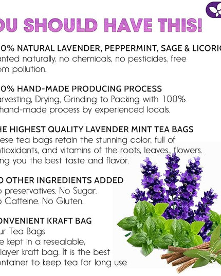 FreshDrinkUS, Premium 75 Tea Bags Lavender Mint Tea, 100% Natural, Blend of Lavender, Peppermint, Sage and Licorice. Made with Natural Material Tea Bags. No Sugar, No Caffeine, Vegan.