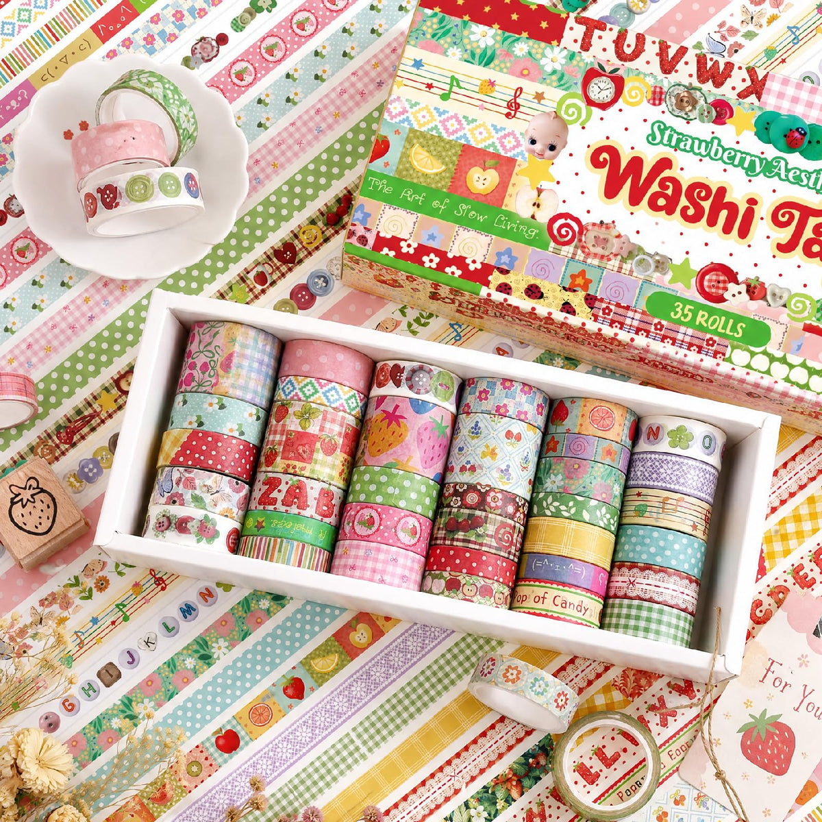 ZHIJIANHZ 35 Rolls Strawberry Farm Washi Tape Set, Cute Fruits Decorative Scrapbook Tape and Journaling Supplies for DIY Crafts, Bullet Journals, Gift Wrapping