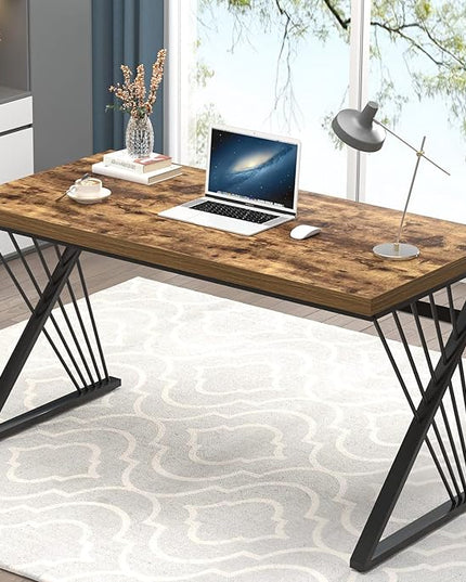 FOLUBAN Home Office Desk, Modern Wood and Metal Computer Desk, Simple Writing Work PC Desks for Bedroom, Industrial Study Gaming Table for Living Room, Rustic Brown, 53 Inch